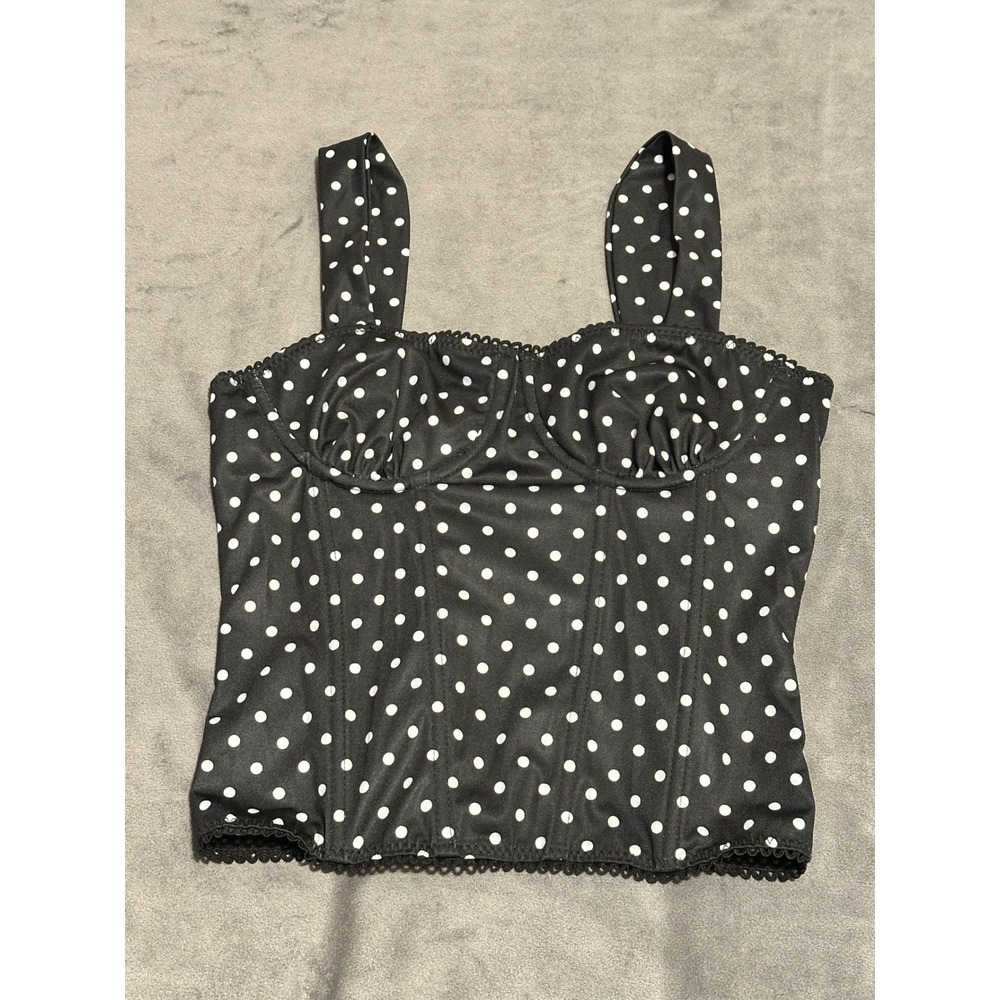 Polka Dot Corset Top Black White Underwire Boning Hook Eye Closure XS